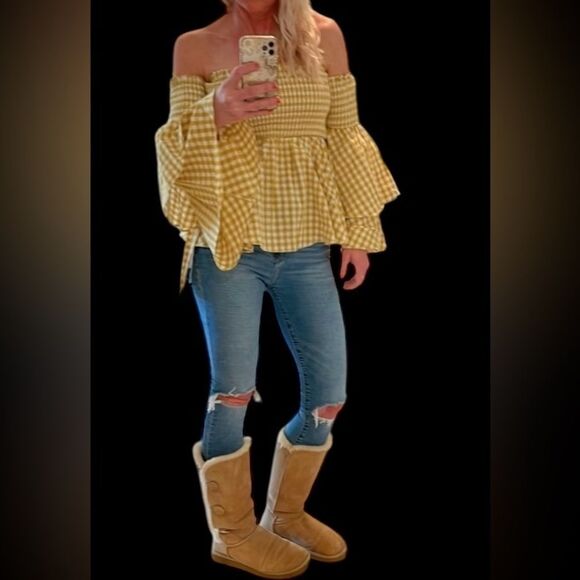 Caroline Constas off the shoulder smocked body ruffle sleeves top boho NWOT L - Picture 2 of 10